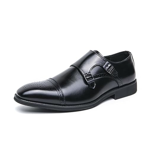 HOOENG Anzugschuhe for Herren for Hineinschlüpfen, quadratisch, mit brünierter Spitze, Brogue-Kappenzehe, doppelter Monk-Riemen, veganes Leder, Blockabsatz, rutschfest, Low-Top, rutschfest, rutschfest von HOOENG