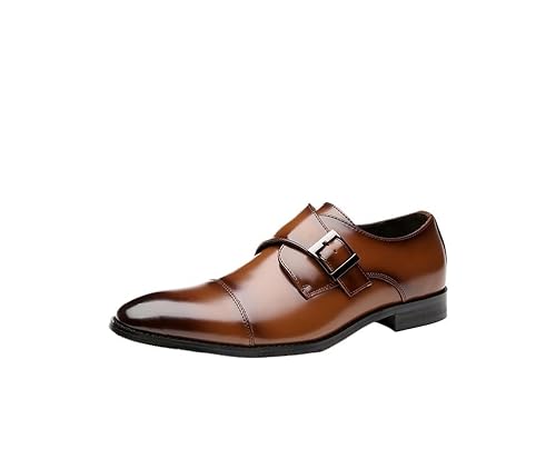 HOOENG Anzugschuhe for Herren for Hineinschlüpfen mit spitzem, brüniertem Zehenbereich, Lederkappe, Monk-Riemen-beständig, rutschfeste Gummisohle, Rutschfester Blockabsatz (Color : Braun, Size : 39 von HOOENG