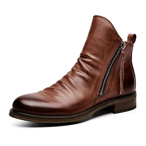 HOOENG Chelsea Runde Toe-Knöchelstiefel for Männer Pu. Quaste mit verdoppeltem Reißverschluss gefaltete Zehe auf rutschfest (Color : Brown, Size : 41 EU) von HOOENG