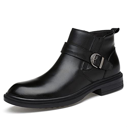 HOOENG Chelsea Runde Zehen Knöchelstiefel for Männer mit Schnalle mit Reißverschluss Echtes Leder Anti-Rutsch-tragbarer Schlupf auf wasserdichte Arbeit (Color : Black, Size : 42 EU) von HOOENG