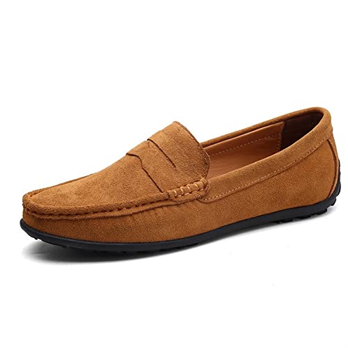 HOOENG Fahren Mokassins for Männer Echtes Leder Nähen Details Runder Toe Wildleder Vamp Penny Loafer Gummisohle Lightweight Resistant Flache Ferse Gehen (Color : Light Brown, Size : 43 EU) von HOOENG