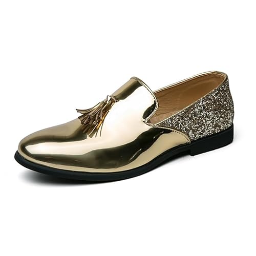 HOOENG Formale Schuhe for Herren for Hineinschlüpfen, runde Zehenpartie, PU-Leder, Quaste, glänzende Kappe, rutschfest, Blockabsatz, rutschfest, Low-Top, lässig (Color : Golden, Size : 45 EU) von HOOENG