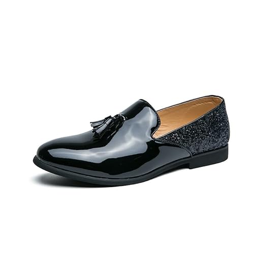HOOENG Formale Schuhe for Herren for Hineinschlüpfen, runde Zehenpartie, PU-Leder, Quaste, glänzende Kappe, rutschfest, Blockabsatz, rutschfest, Low-Top, lässig (Color : Schwarz, Size : 40 EU) von HOOENG