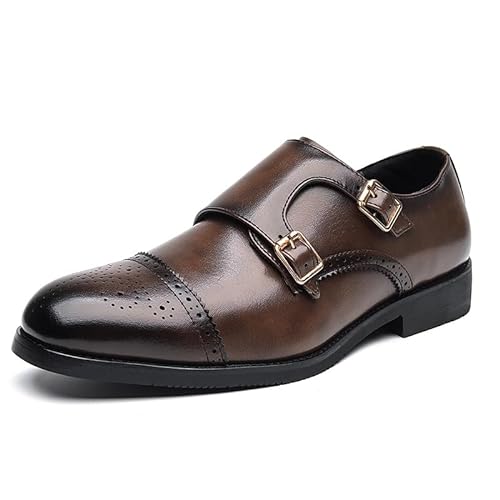 HOOENG Formelle Oxford-Schuhe for Herren, for Hineinschlüpfen, rund, brüniert, mit doppeltem Monk-Riemen, veganes Leder, Blockabsatz, rutschfest, Low-Top-Gehen (Color : Braun, Size : 46 EU) von HOOENG