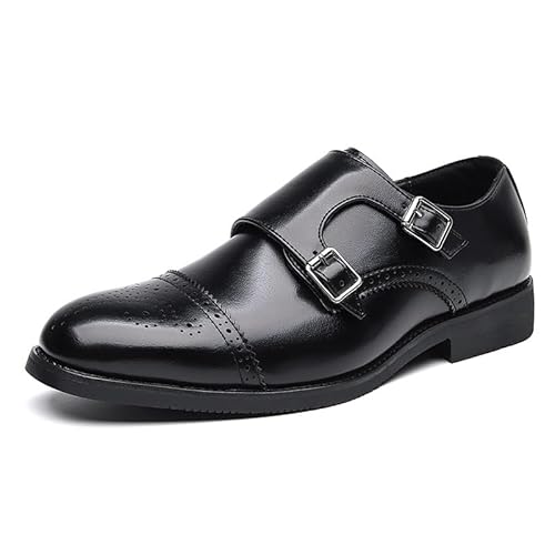 HOOENG Formelle Oxford-Schuhe for Herren, for Hineinschlüpfen, rund, brüniert, mit doppeltem Monk-Riemen, veganes Leder, Blockabsatz, rutschfest, Low-Top-Gehen (Color : Schwarz, Size : 38 EU) von HOOENG