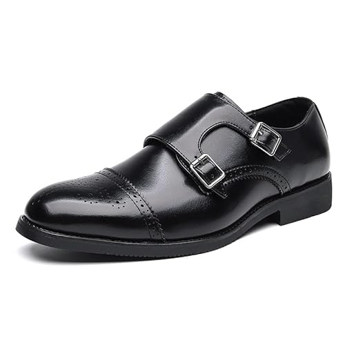 HOOENG Formelle Oxford-Schuhe for Herren, for Hineinschlüpfen, rund, brüniert, mit doppeltem Monk-Riemen, veganes Leder, Blockabsatz, rutschfest, Low-Top-Gehen (Color : Schwarz, Size : 43 EU) von HOOENG