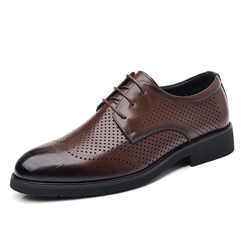 HOOENG Formelle Schuhe for Herren, mit Schnürung, spitzer Spitze, brünierter Zehenpartie, atmungsaktivem PU-Leder, rutschfestem Blockabsatz, niedriger Schaft, Gummisohle, rutschfest(Color:Braun,Size:4 von HOOENG