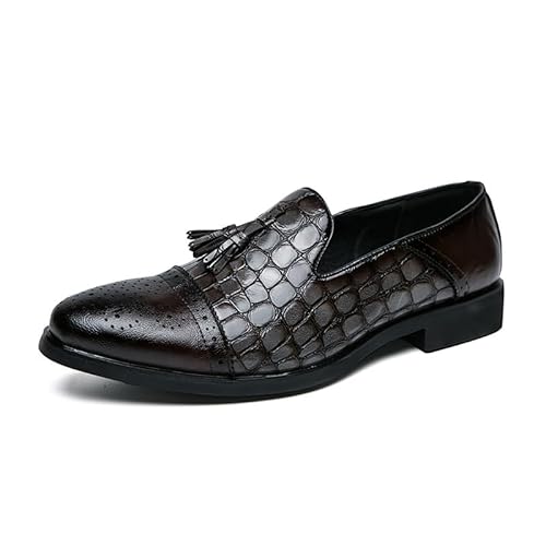 HOOENG Oxford-Kleiderschuhe for Herren, for Hineinschlüpfen, mit Cap-Toe, Steinmuster, brünierte Spitze, Quaste, PU-Leder, Blockabsatz, rutschfest, rutschfest, rutschfest, lässig (Color : Braun, Siz von HOOENG