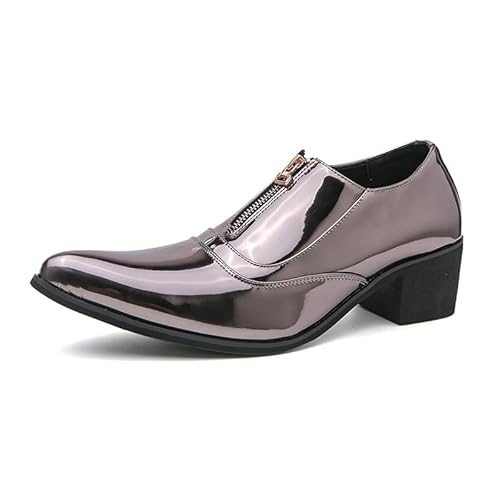 HOOENG Schuhe Kleid Oxford for Männer Slip On Spitz Zehen Lackleder mit Reißverschluss Hoher Absatz rutschfest Rutschfester Blockabsatz Lässig (Color : Silber, Size : 44.5 EU) von HOOENG