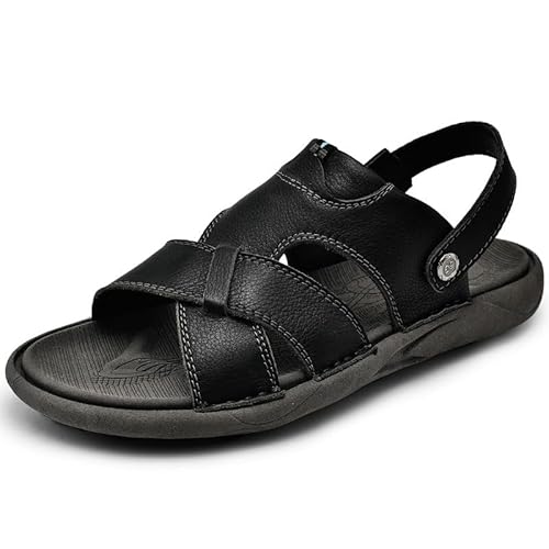Klassische Herren-Sandalen, Leder, Knöchelriemen, Kork-Fußbett, Dual-Use-Sandale, Wasserabweisende Sommersandalen (Color : Schwarz, Size : 39 EU) von HOOENG