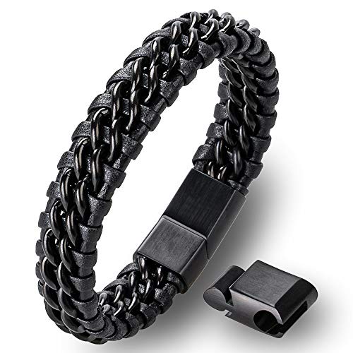 HOOF Armband Herren | Echt-Leder-Edelstahl Schmuck Männer | Armreif geflochten | Edle Schachtel Box Etui | Personalisiertes Geschenk Rocker, Biker, Wikinger, Gothic, Punk B2(26cm - 27cm Schwarz von HOOF
