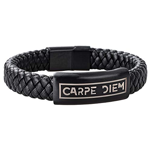 Armband Männer I HOOF Herren Echt-Leder Schmuck I Schwarz geflochten Armreif mit CARPE DIEM Gravur | Edle Box | Personalisierte Geschenkidee Freunde, Vatertag, Partner B3 (19,5cm - 20,5cm CARPE DIEM) von HOOF