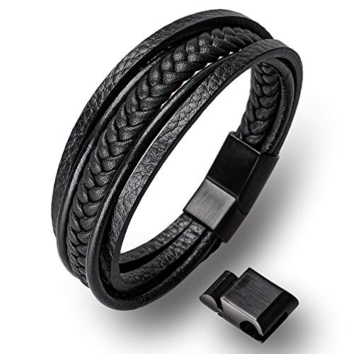 HOOF | Herren Armband Echt-Leder | Armreif geflochten | Magnetverschluss Edelstahl | Edle Box Schmuckschachtel Etui| Geschenkidee Männer, Freunde, Wikinger, Vater, Partner B1 | Schwarz, 21cm - 22cm von HOOF