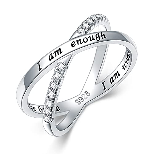 925 Sterling Silber Ring Ich bin genug Inspirations ring CZ Simulierter Criss Cross Daumenring Größe 57(18.1) von HOOHWE