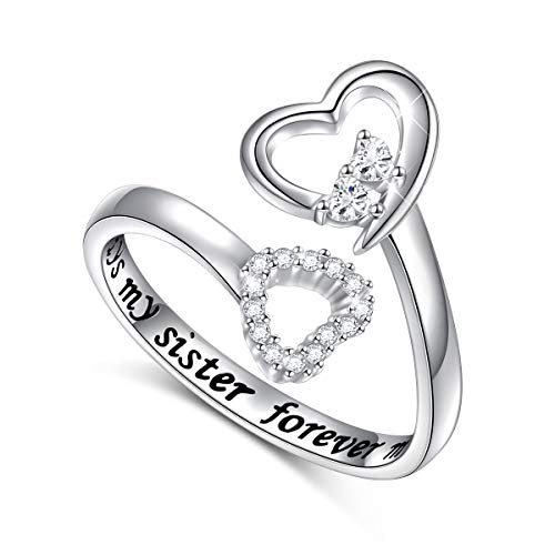 Doppelherz Ring für Frauen 925 Sterling Silber Schwester Ring Schwester Geschenk Schmuck Geschenke für Schwester Always My Sister, Forever My Friend Größe 54(17.3) von HOOHWE