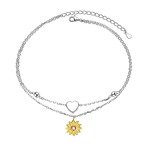 HOOHWE Fußkettchen 925 Sterling Silber geschichtete Kette Sonnenblume Herz Perlen Fuß Armband Fußkettchen Strand Fußkette Einfache Mode für Frauen Geschenk Schmuck von HOOHWE