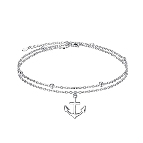 HOOHWE Fußkettchen für Damen Anker armband 925 Sterling Silber Fußkettchen mit Doppellagig mit Perlen verstellbar von HOOHWE