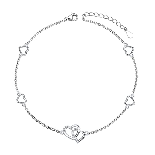 HOOHWE Fußkettchen für Damen 925 Sterling Silber Liebe Herz Fussketten für Frauen Double Layered Armband Schmuck Verstellbares Fußkettchen Geschenk für Frauen Teenager Mädchen von HOOHWE