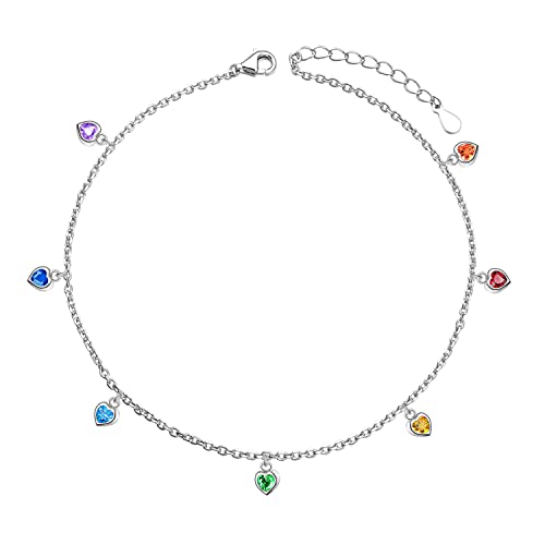 HOOHWE Fußkettchen für Damen Sterling Silber Rainbow Stein Herz Fußkettchen für Frauen Mehrfarbig CZ Armband Geburtstag Schmuck Verstellbares Fußkettchen Geschenk für Schwester Tochter von HOOHWE