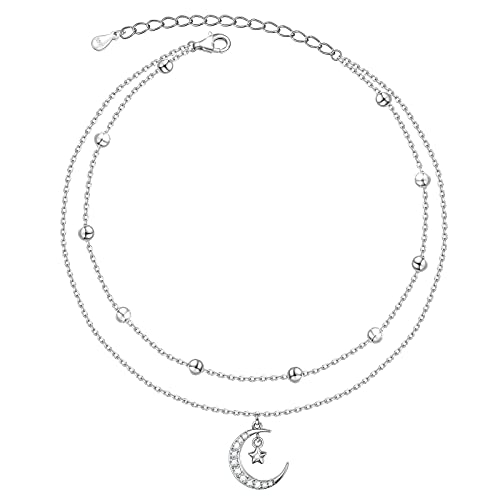 HOOHWE Fußkettchen für Damen Silber 925 Fussketten für Frauen Doppelte Mond und Stern Fußkette Verstellbare Mond Anklet Layered Sommer Strand Fußschmuck Geschenk von HOOHWE