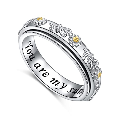 HOOHWE Anxiety Ring Anti Stress Ring Damen Ringe silber 925 Gänseblümchen Ring Skill Ring Du bist mein Sonnenschein Fidget Inspirierend Ring Schmuck Geschenk für Frauen von HOOHWE