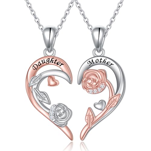 HOOHWE 2Pcs Mutter Tochter Kette 925 Sterling Silber Rose Halsketten mit Herz Anhänger Weihnachten Geburtstag Muttertag Kette Mothers Day Beste Mama Schmuck Mutter Geschenk von Tochter von HOOHWE