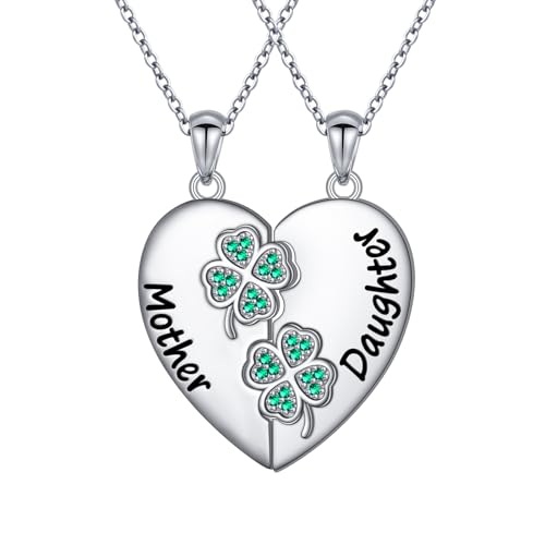 HOOHWE 2Pcs Mutter und Tochter Halskette 925 Sterling Silber Kleeblatt Halsketten mit Herz Anhänger Weihnachten Geburtstag Muttertag Kette Mothers Day Beste Mama Schmuck Mutter Geschenk von Tochter von HOOHWE