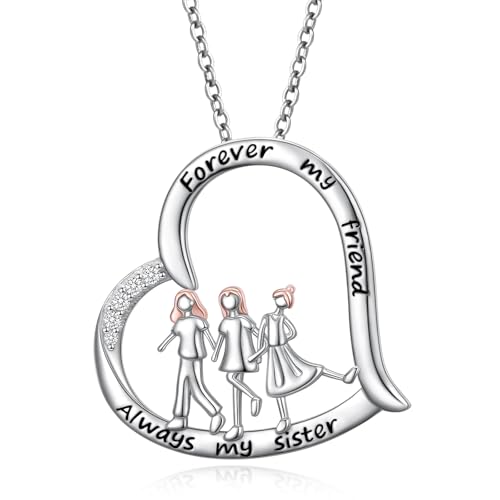 HOOHWE 3 Schwestern Halskette 925 Sterling Silber mit Herz Anhänger Always my sister Forever my friend Kette Schmuck Geburtstag Geschenke für Damen Mädchen von HOOHWE