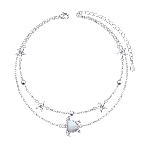 HOOHWE 925 Sterling Silber Fußkettchen für Damen Schildkröten Fussketten für Frauen Längenverstellbar Fusskette Doppelte Fußschmuck Geschenke Women's Anklets von HOOHWE
