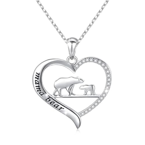 HOOHWE 925 Sterling Silber Halsketten für Frauen Mama Bär Anhänger Halskette für Mutter Liebe Herz Halsketten Schmuckgeschenke für den Muttertag von HOOHWE