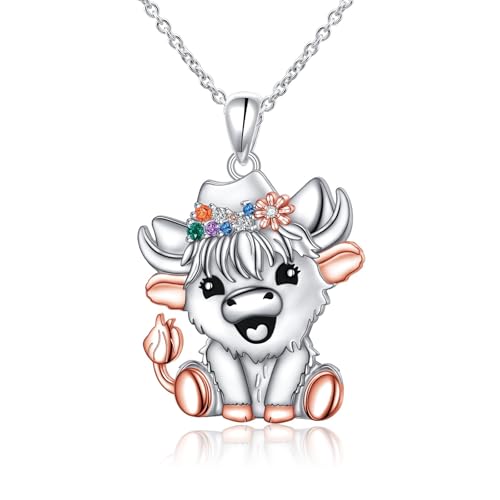 HOOHWE 925 Sterling Silber Highland Kuh Rind bunte CZ Anhänger Halskette für Frauen Schmuck von HOOHWE