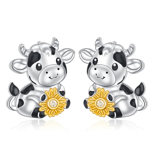 HOOHWE 925 Sterling Silber niedliche Tier Kuh Sonnenblumen Stud Ohrringe für Frauen Tochter Geburtstagsgeschenk von HOOHWE