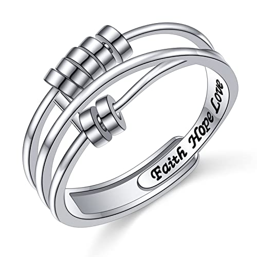HOOHWE Anxiety Ring Anti Stress Ring Damen Ringe silber 925 Faith Hope Love Fidget Inspirierend Ring Skill Ring Statement Versprechen Schmuck Geschenk für Frauen Size 52 von HOOHWE