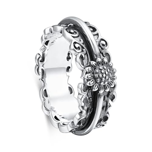 HOOHWE Anxiety Ring Sonnenblumen ringe für Damen Vintage-Zappelringe für Angstzustände Spinnerring aus Sterling silber klobiger Ring geprägte Sonnenblume Geschenk für Frauen und Mädchen von HOOHWE