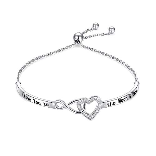 HOOHWE Armband Damen Silber 925 Herz Infinity Armband Inspirierendes Graviert I Love You To The Moon And Back Verstellbare Armband mädchen Mutter Armbänder für Frauen Freundschaftsschmuck von HOOHWE