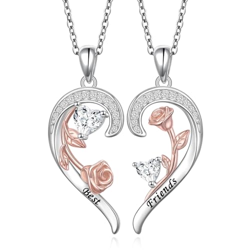 HOOHWE Bester Freund Kette 925er Sterlingsilber Rosenherz passender Halsketten Damen Schwester schmuck Bester Freund geschenk für Schwester BBF geschenk von HOOHWE