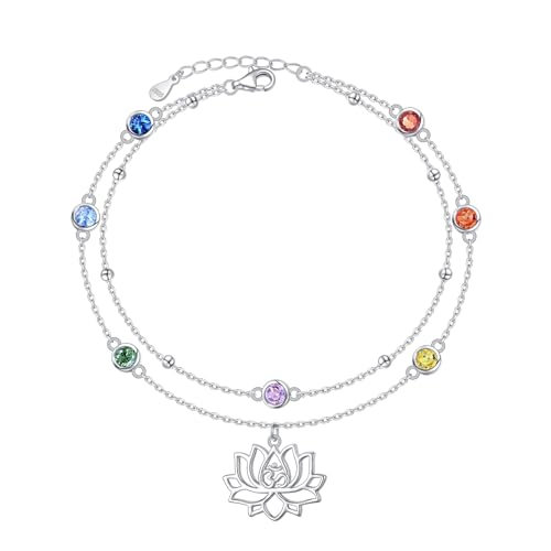 HOOHWE Chakra Fußkettchen Lotus Mandala 7 Chakra Fußkettchen Armbänder für Frauen Sterling Silber 925 von HOOHWE