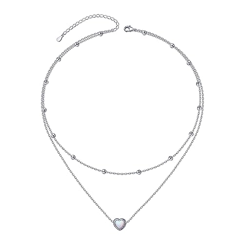 HOOHWE Choker Halskette für Damen S925Sterling silber Opal Herz Doppel Halskette zierliche Herz Opal Schicht Halskette für Damen handgefertigte Perlenkette verstellbar von HOOHWE