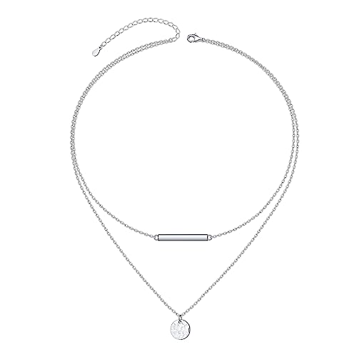 HOOHWE Double Layered Kette für Damen 925 Sterling Silber Halskette mit Coin Bar Anhänger Verstellbar Halsketten Geschenk für Frauen von HOOHWE