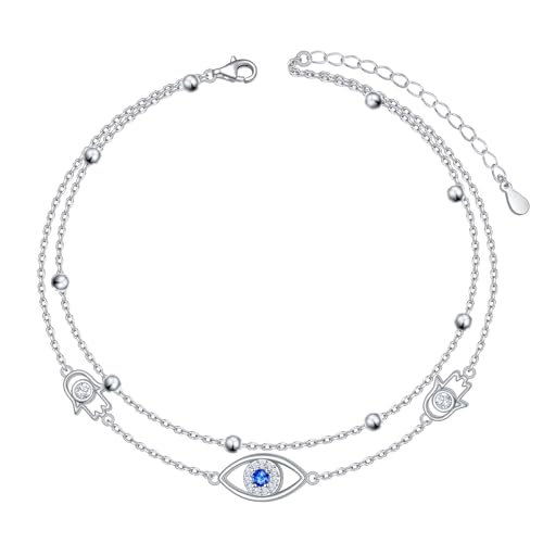 HOOHWE Evil Eye Fußkettchen für Damen 925 Sterling Silber Layered Ankle Bracelet Längenverstellbar Fusskettchen für Frauen und Mädchen Sommer Fusskette von HOOHWE