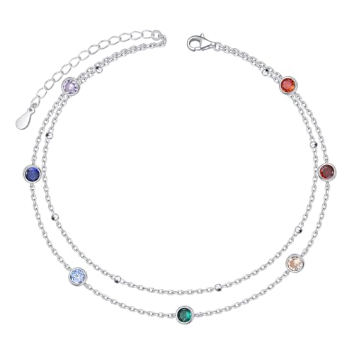 HOOHWE Fußkettchen für Damen 925 Sterling Bunte Cubic Zirkonia Fußkette Verstellbar Fusskette Schmuck für Frauen und Mädchen Layered Ankle Bracelet von HOOHWE
