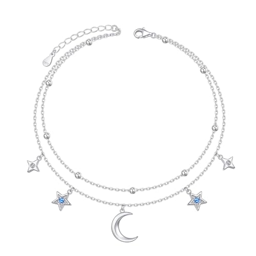 HOOHWE Fußkettchen für Damen 925 Sterling Silber Mond Stern Fussketten für Frauen Größenverstellbar Fußkettchen Armbänder Sommer Schmuck für Frauen Geschenke von HOOHWE