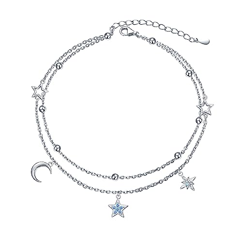 HOOHWE Fußkettchen für Damen 925 Sterling Silber Mond Stern Fussketten für Frauen Größenverstellbar Fußkettchen Armbänder Sommer Schmuck für Frauen und Mädchen Geschenke von HOOHWE