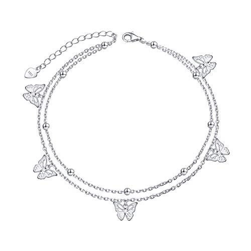 HOOHWE Fußkettchen für Damen 925 Sterling Silber Schmetterling Fußkettchen Doppelschichtig mit Perlen Verstellbarer Fussketten für Frauen Mädchen Geschenk von HOOHWE