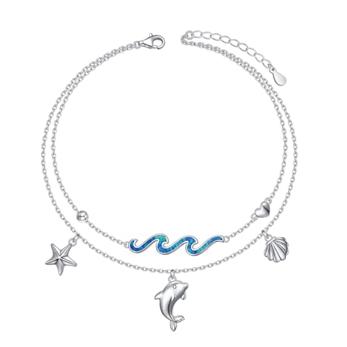 HOOHWE Fußkettchen für Damen Silber 925 Verstellbar Delphine Fußkette Mehrlagig Blau Opal Wellen Fussketten für Frauen Strand Schmuck von HOOHWE