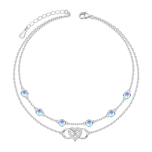HOOHWE Fußkettchen für Damen Silber 925 Verstellbar Mondstein Fußkette Mehrlagig Unendlichkeits herz fussketten für frauen Strand Schmuck von HOOHWE