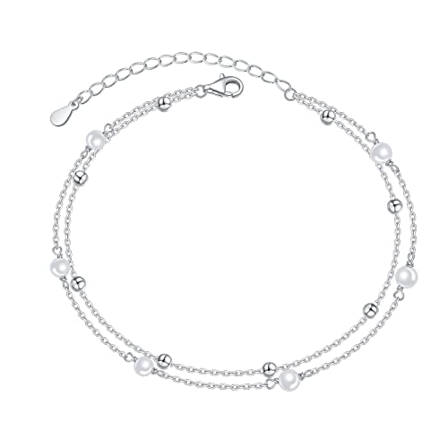 HOOHWE Fußkettchen für Damen Silber 925 Verstellbar Perle Fußkette Mehrlagig Fussketten für Frauen Strand Boho Schmuck von HOOHWE