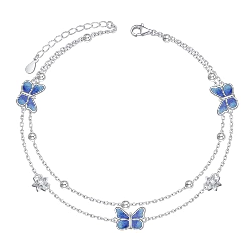 HOOHWE Fußkettchen für Damen Silber 925 Verstellbar Schmetterlings Fußkette Mehrlagig Lotus CZ Fussketten für Frauen Strand Schmuck von HOOHWE