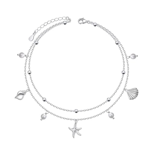 HOOHWE Fußkettchen für Damen Silber 925 Verstellbar Seesterne und Muscheln Fußkette Mehrlagig Perlen Fussketten für Frauen Strand Schmuck von HOOHWE