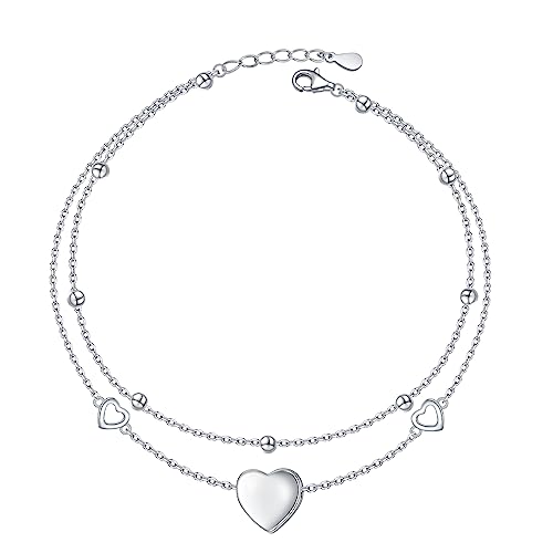 HOOHWE Fußkettchen für Damen Silber 925 Liebesherz Fußkette für Frauen Doppellagiges herz Fussketten Sommer Strand Schmuck Verstellbares Fußkettchen Geschenk für Mädchen von HOOHWE